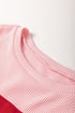 Textured Waffle Knit Floral Patch Striped Sleeve Top
