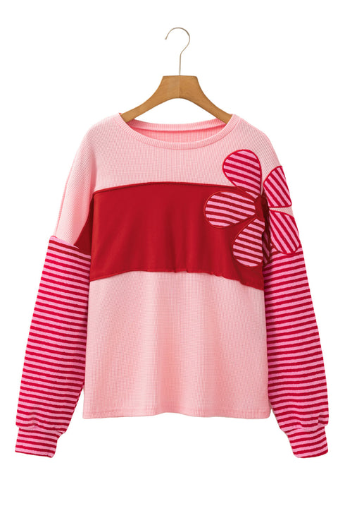 Textured Waffle Knit Floral Patch Striped Sleeve Top