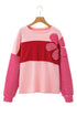 Textured Waffle Knit Floral Patch Striped Sleeve Top