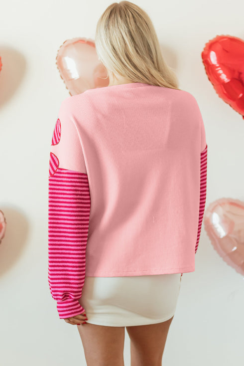 Textured Waffle Knit Floral Patch Striped Sleeve Top