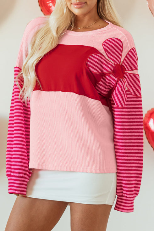 Textured Waffle Knit Floral Patch Striped Sleeve Top