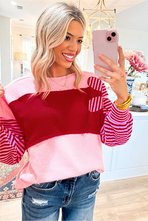 Textured Waffle Knit Floral Patch Striped Sleeve Top