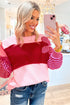 Textured Waffle Knit Floral Patch Striped Sleeve Top