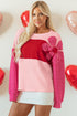 Textured Waffle Knit Floral Patch Striped Sleeve Top