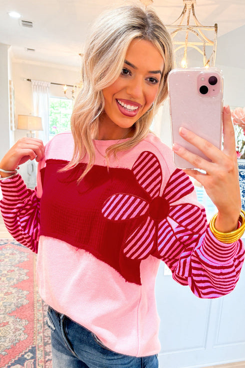 Textured Waffle Knit Floral Patch Striped Sleeve Top