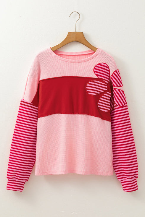 Textured Waffle Knit Floral Patch Striped Sleeve Top