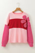 Textured Waffle Knit Floral Patch Striped Sleeve Top