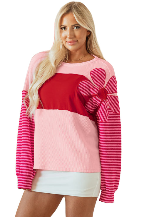 Textured Waffle Knit Floral Patch Striped Sleeve Top