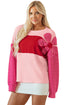Textured Waffle Knit Floral Patch Striped Sleeve Top
