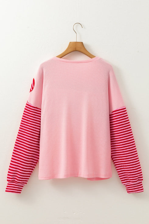 Textured Waffle Knit Floral Patch Striped Sleeve Top