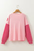 Textured Waffle Knit Floral Patch Striped Sleeve Top