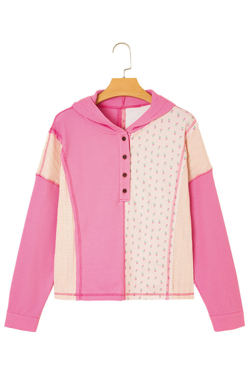 Textured Waffle Knit Floral Print Patchwork Oversized Hoodie