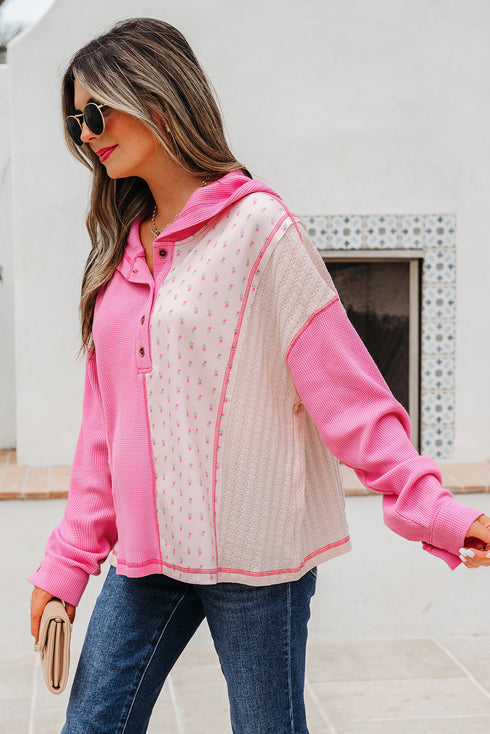 Textured Waffle Knit Floral Print Patchwork Oversized Hoodie