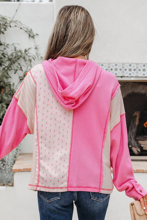 Textured Waffle Knit Floral Print Patchwork Oversized Hoodie