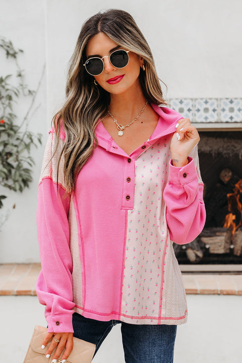Textured Waffle Knit Floral Print Patchwork Oversized Hoodie