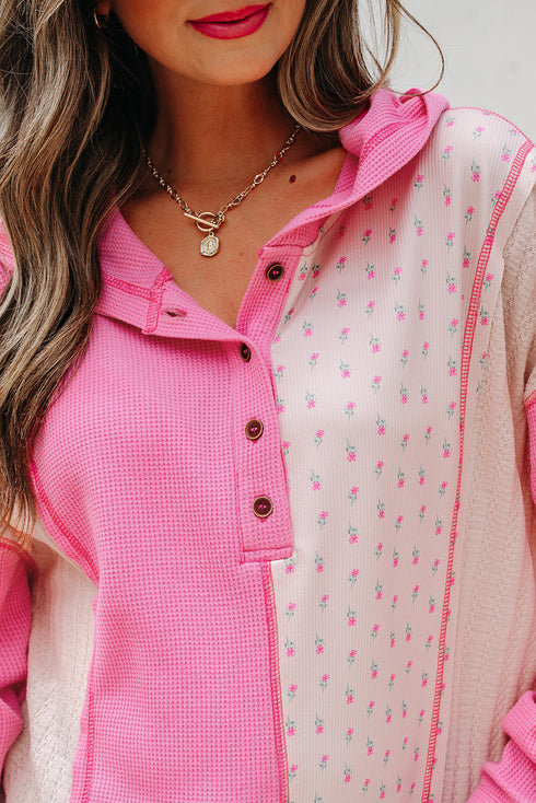 Textured Waffle Knit Floral Print Patchwork Oversized Hoodie