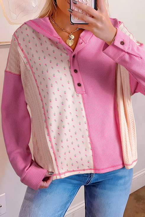 Textured Waffle Knit Floral Print Patchwork Oversized Hoodie