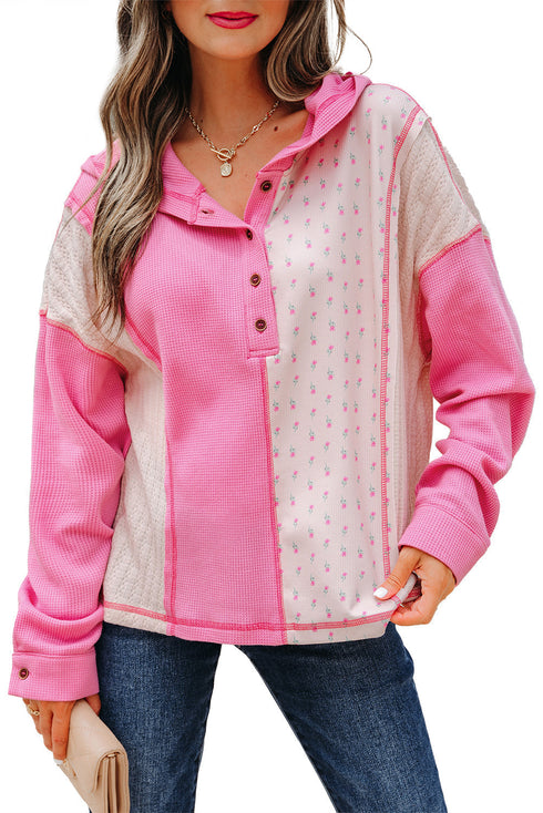 Textured Waffle Knit Floral Print Patchwork Oversized Hoodie