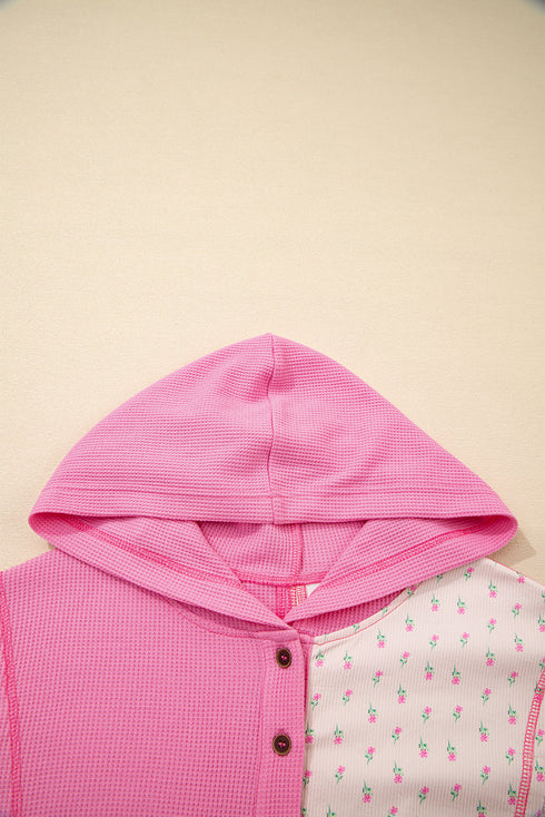 Textured Waffle Knit Floral Print Patchwork Oversized Hoodie