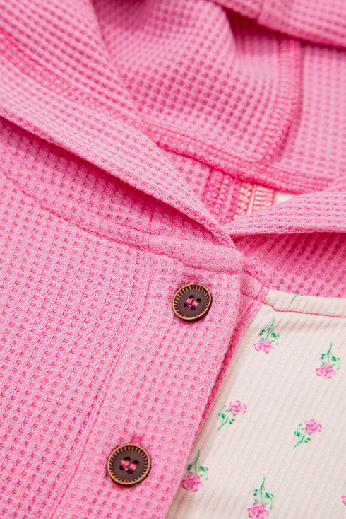 Textured Waffle Knit Floral Print Patchwork Oversized Hoodie