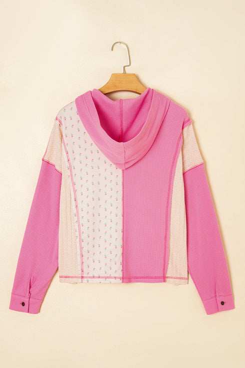 Textured Waffle Knit Floral Print Patchwork Oversized Hoodie