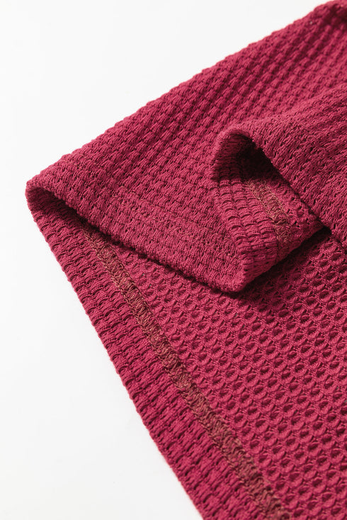 Textured Waffle Knit Henley Button Hooded Pullover