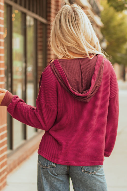 Textured Waffle Knit Henley Button Hooded Pullover