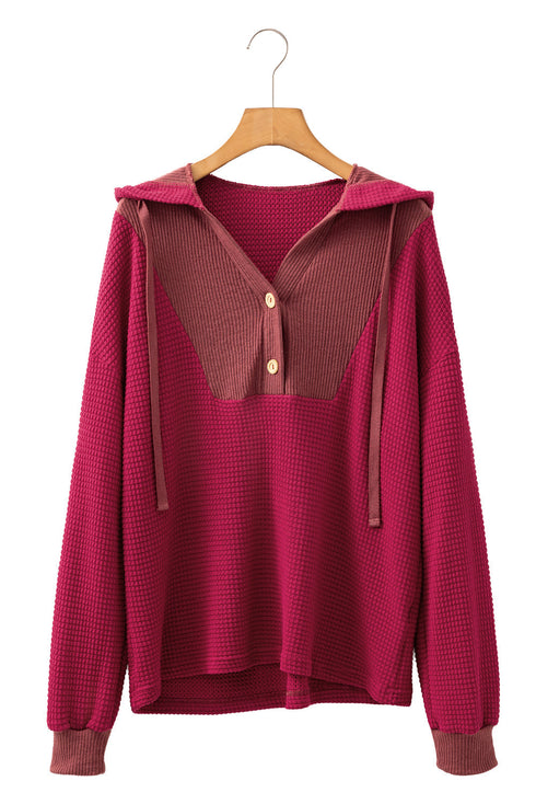 Textured Waffle Knit Henley Button Hooded Pullover