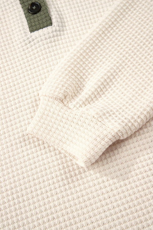 Textured Waffle Knit Henley Button Hooded Pullover