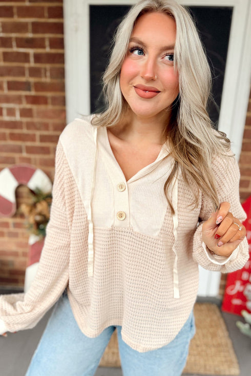Textured Waffle Knit Henley Button Hooded Pullover