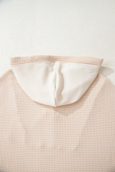 Textured Waffle Knit Henley Button Hooded Pullover