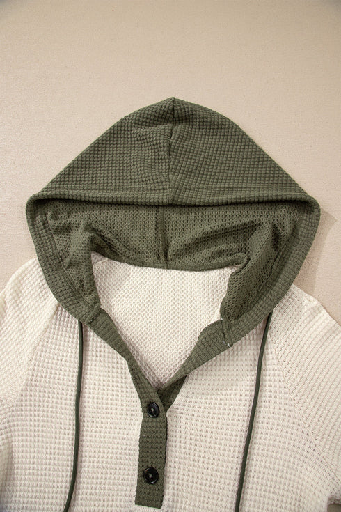 Textured Waffle Knit Henley Button Hooded Pullover