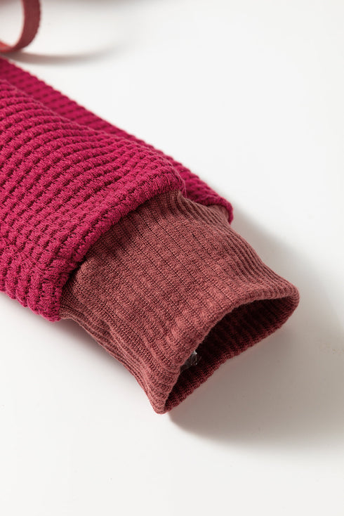 Textured Waffle Knit Henley Button Hooded Pullover
