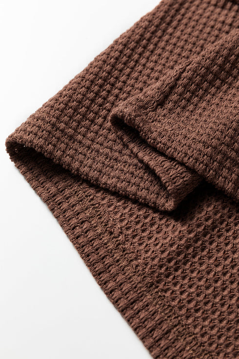 Textured Waffle Knit Henley Button Hooded Pullover