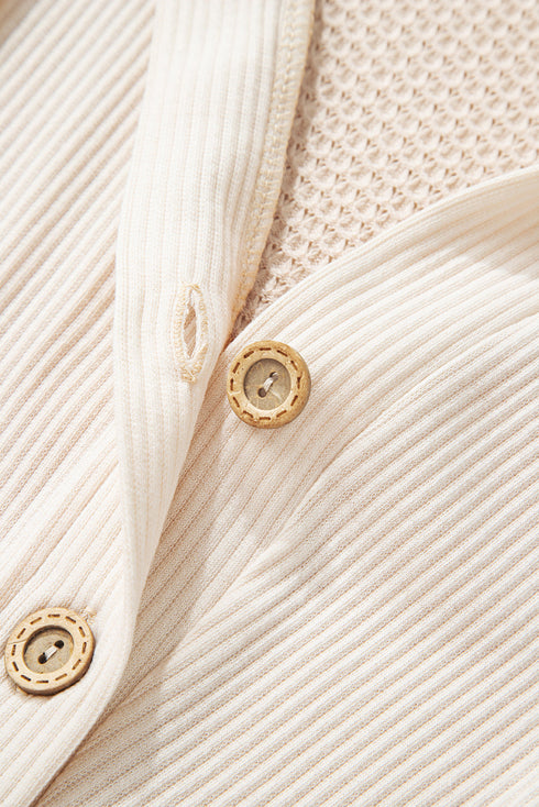 Textured Waffle Knit Henley Button Hooded Pullover