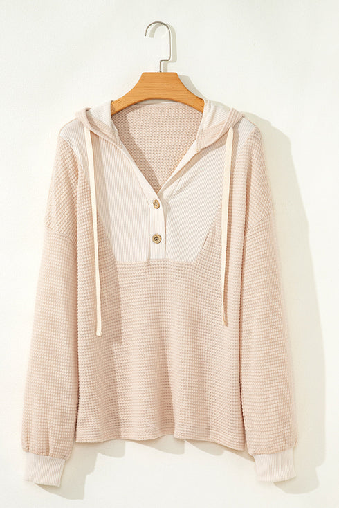 Textured Waffle Knit Henley Button Hooded Pullover