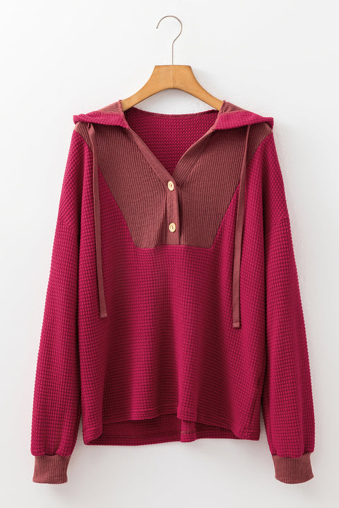 Textured Waffle Knit Henley Button Hooded Pullover