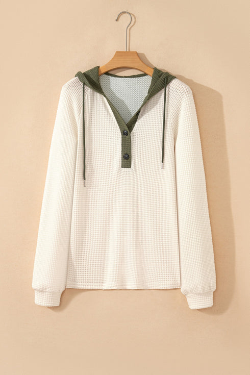 Textured Waffle Knit Henley Button Hooded Pullover