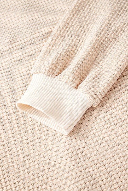 Textured Waffle Knit Henley Button Hooded Pullover
