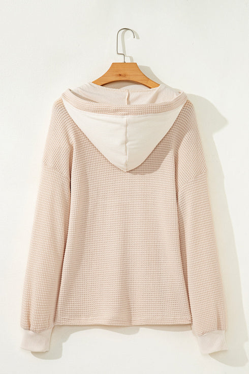 Textured Waffle Knit Henley Button Hooded Pullover