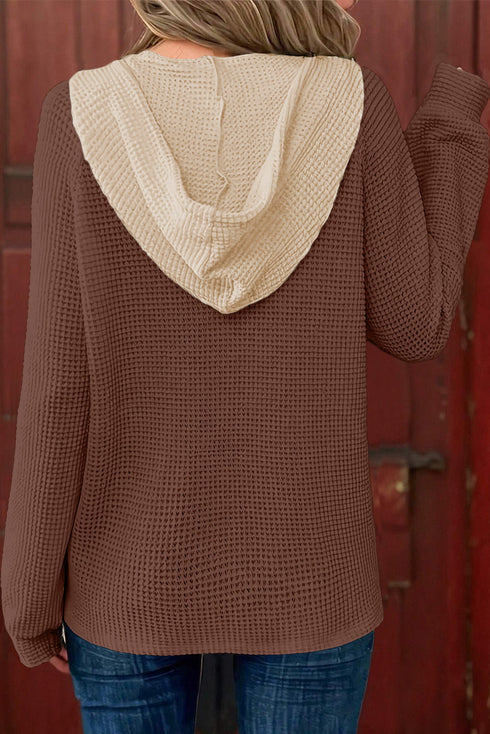 Textured Waffle Knit Henley Button Hooded Pullover