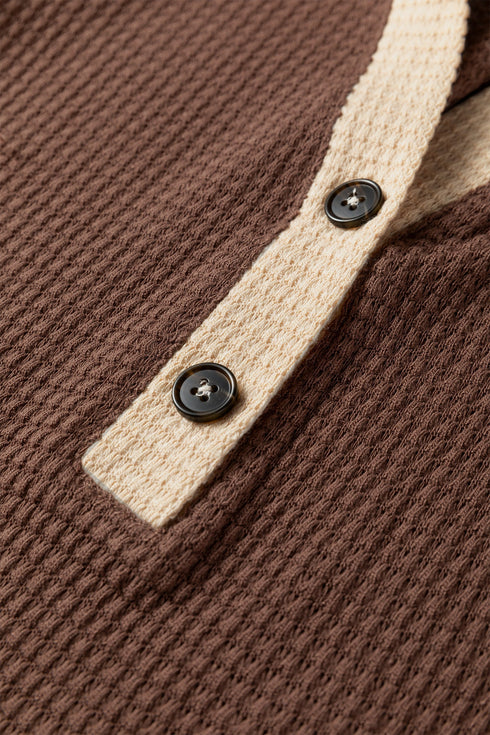 Textured Waffle Knit Henley Button Hooded Pullover