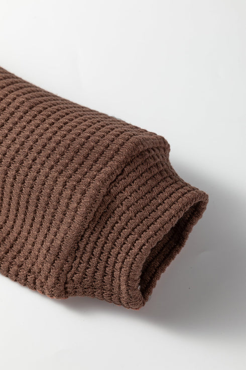 Textured Waffle Knit Henley Button Hooded Pullover