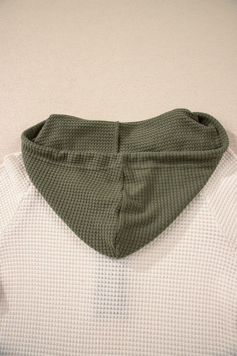 Textured Waffle Knit Henley Button Hooded Pullover