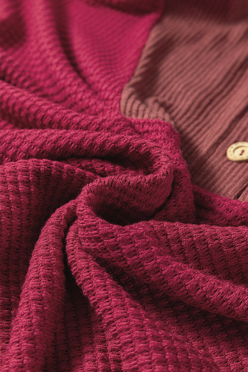 Textured Waffle Knit Henley Button Hooded Pullover