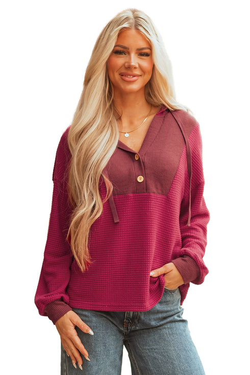 Textured Waffle Knit Henley Button Hooded Pullover