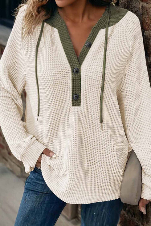 Textured Waffle Knit Henley Button Hooded Pullover