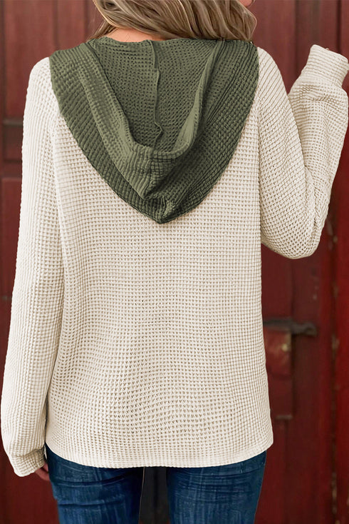 Textured Waffle Knit Henley Button Hooded Pullover