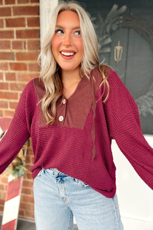 Textured Waffle Knit Henley Button Hooded Pullover