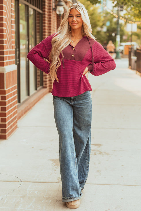 Textured Waffle Knit Henley Button Hooded Pullover